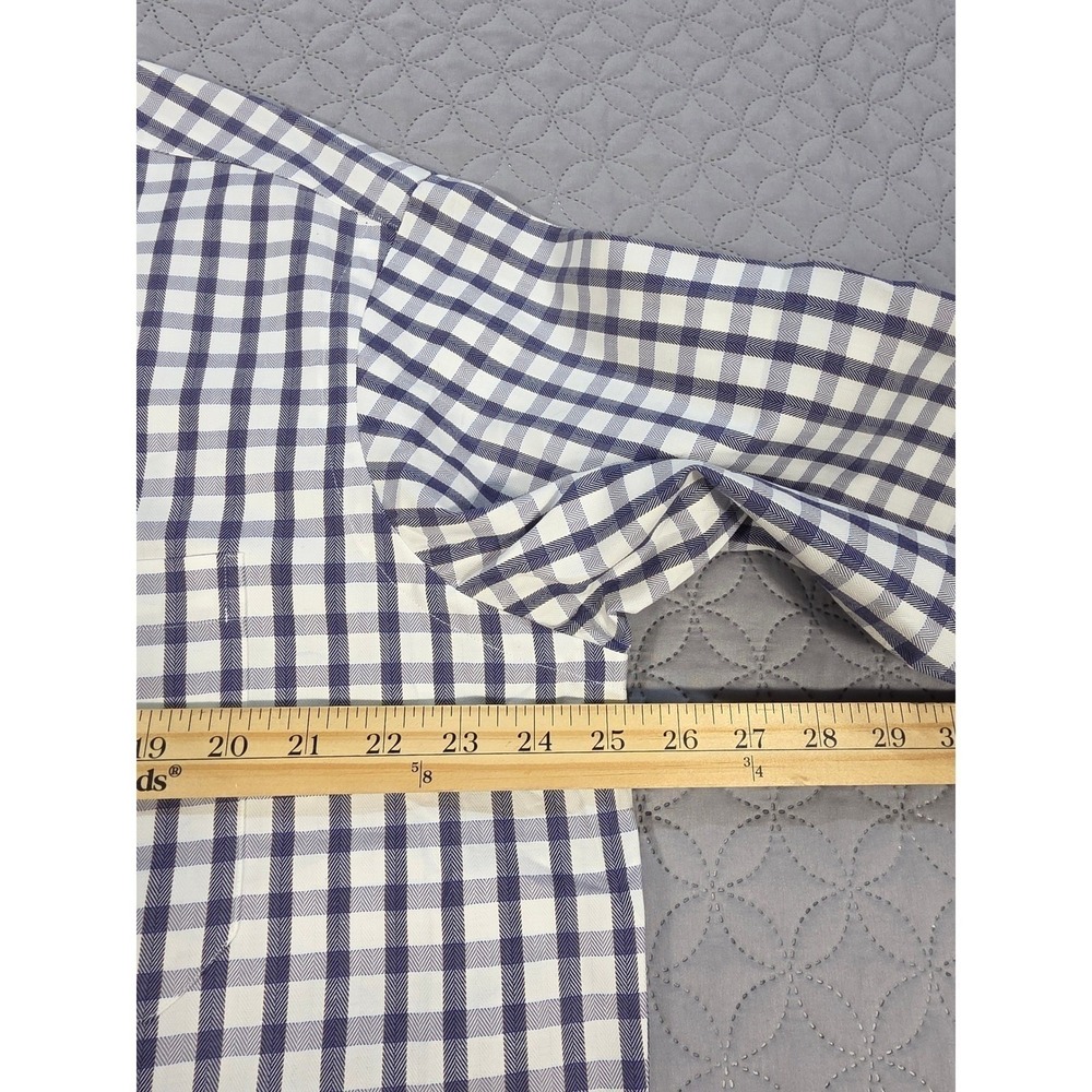 Paul Fredrick Men Blue/White Gingham Check Herringbone Cotton DressShirt 16.5-33 - Picture 6 of 8